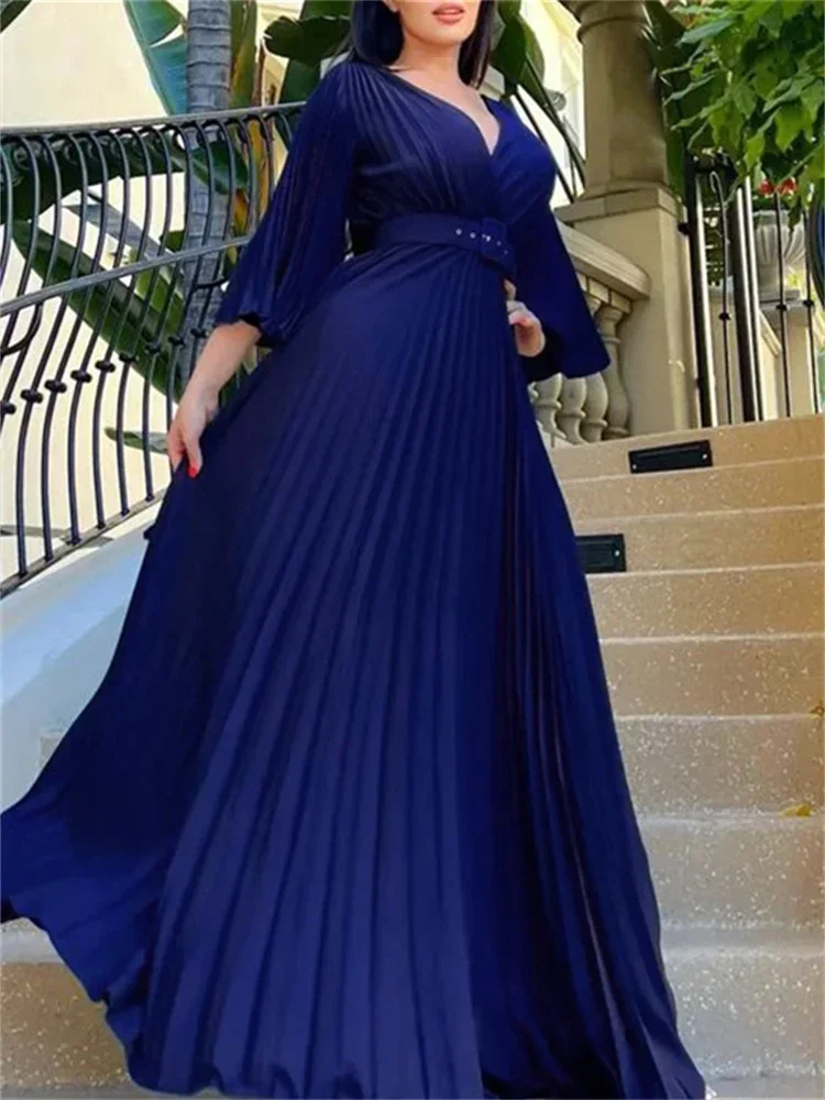 Wmstar Women Long Dress Deep V Neck Long Sleeve Pleated Solid Color A-Line Evening Gowns Wedding Party Floor Length Maxi Dresses