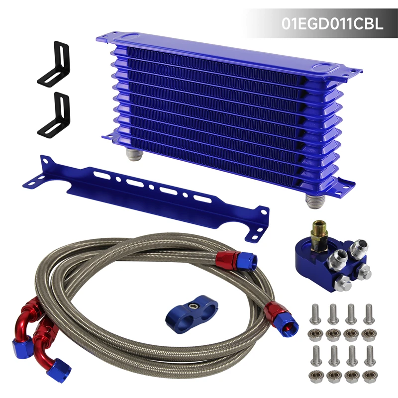 

Universal 10 Row 262mm AN10 Engine Transmission Oil Cooler w/Bracket + Aluminum Filter Adapter Kit Blue/Black