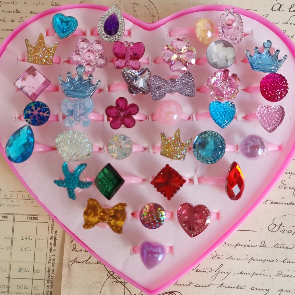 5/12/36Pcs/Lot Children's Cartoon Bow Heart Rings Jelly Color Finger Ring Kid Baby Girl Resin Jewelry Charm Gift Wholesal