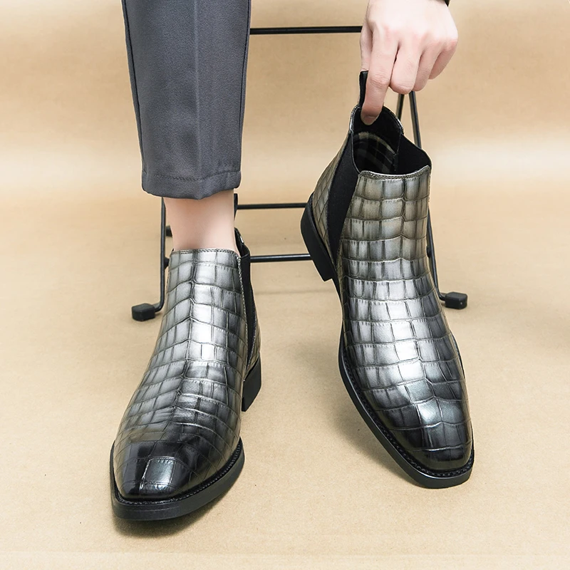 

Chelsea Boots for Men Gray Black Business Stone Pattern Square Toe Slip-On Solid Handmade Size 38-46 Free Shipping