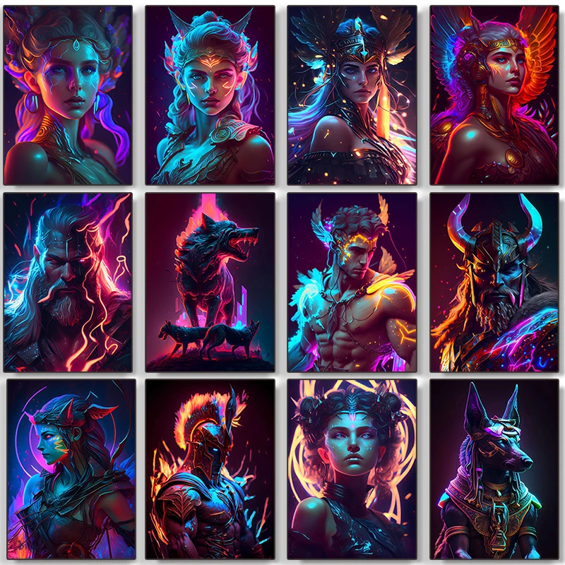 네온 북유럽 및 그리스 신화 신 포스터, 헤르메스 아테나 캔버스 페인팅 인쇄 벽 아트 그림, 거실 홈 데코 