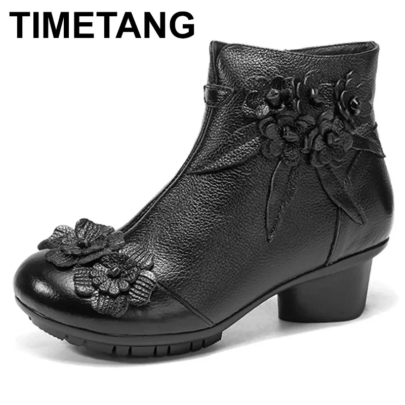TIMETANGVintage Flower Ankle Boots Women Shoes Genuine Leather Boots For Women Casual Zipper Winter Shoes Woman Retro BotasMujer