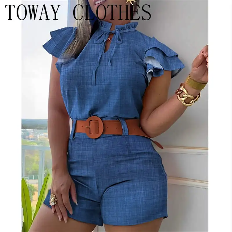 

Женская Повседневная водолазка с оборками на рукавах, однотонный топ на шнуровке и цветочный принт с поясом, Короткие комплекты