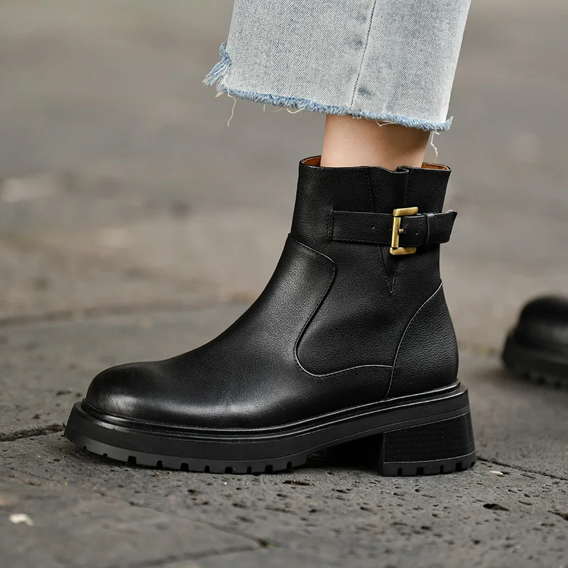 

Retro Style Winter Shoes Woman Street Boots Round Toe Cowhide Casual Shoes Spring Autumn Botas Zippers Square Heel Size 42