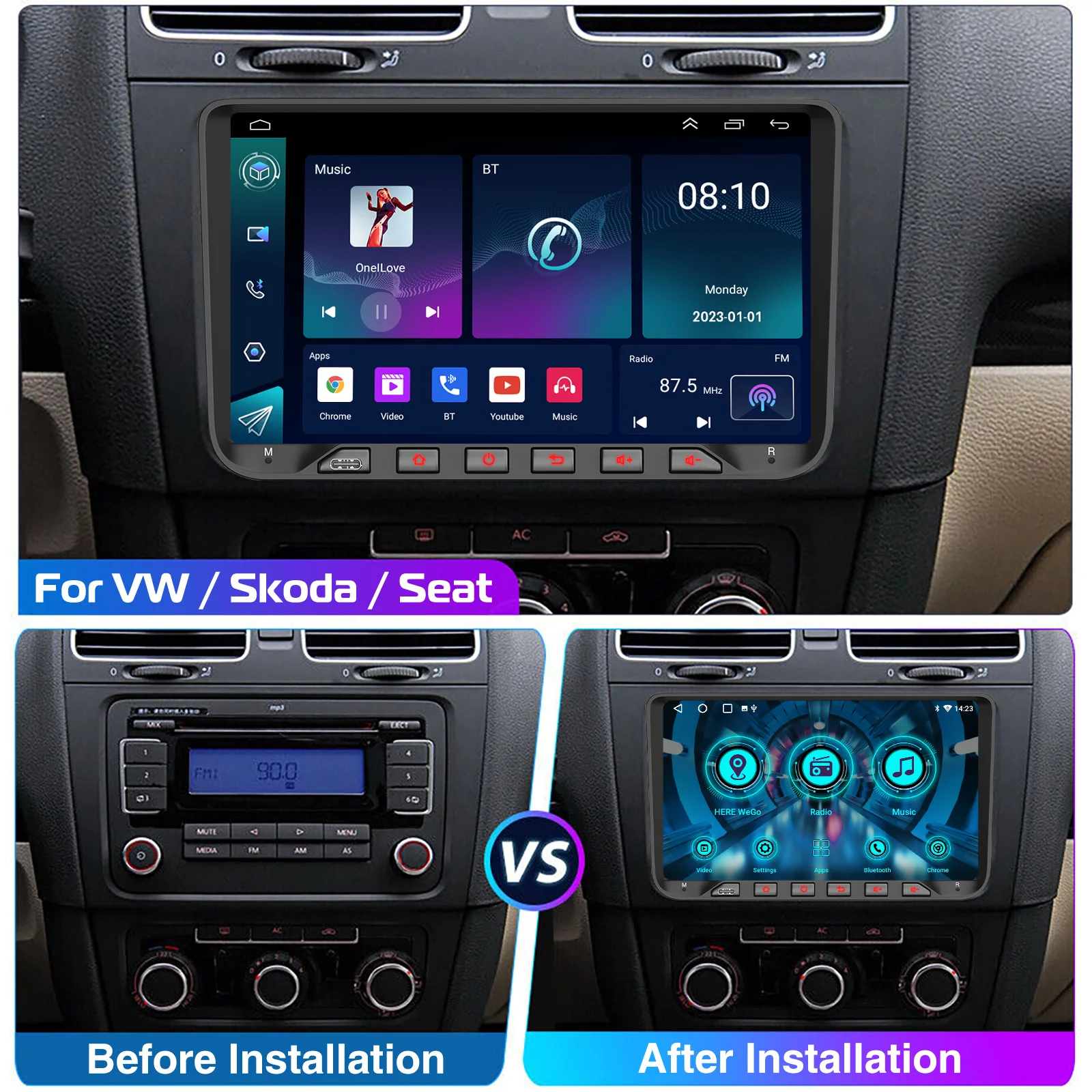 Autoradio ESSGOO Android 14 9 Zoll 4+64G/2+64G Für Skoda SEAT Passat Golf Polo Tiguan Touran Eos Vento mit Bluetooth Wireless CarPlay Android Auto GPS Navigation WIFI RDS FM Mirror Link CANBUS Touchscreen Lenkradsteuer – Detail 5