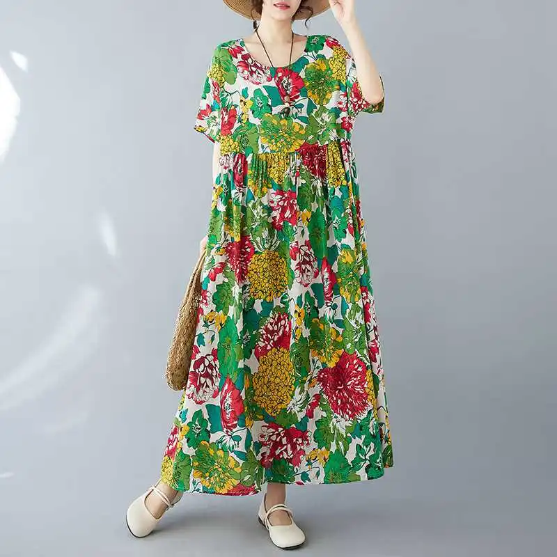 

2024 Short Sleeve Oversized Cotton Vintage Floral New in Dresses for Women Casual Loose Long Summer Dress Elegant Clothing