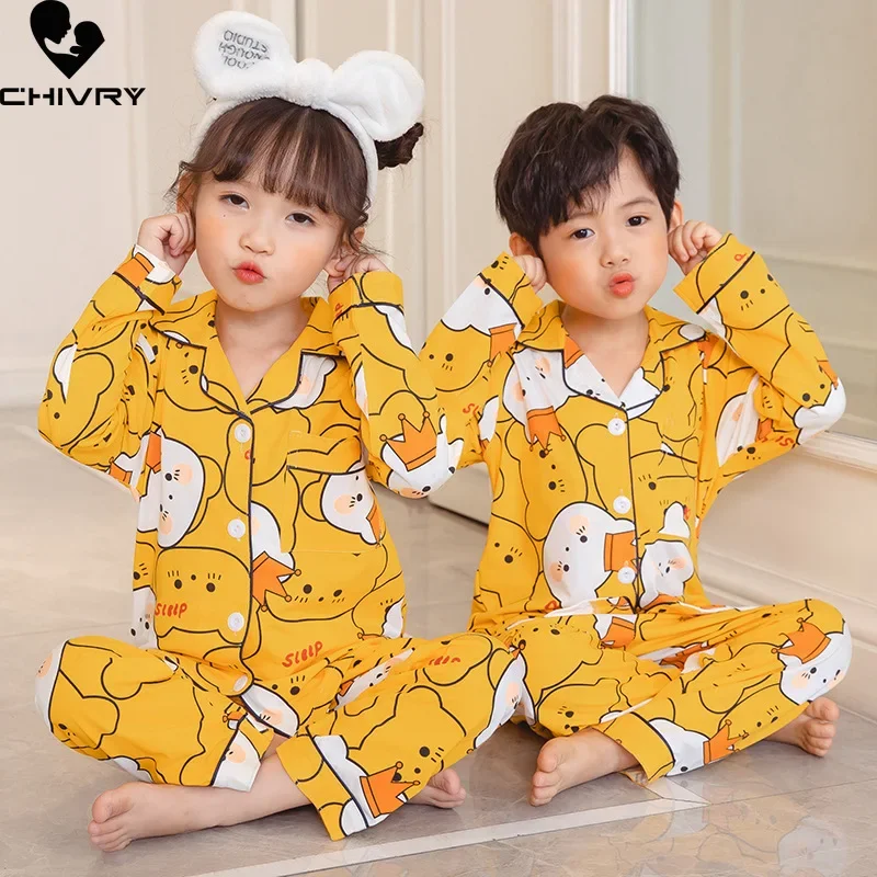 New 2022 Kids Boys Girls Pajamas Casual Cartoon Long Sleeve Lapel Shirt Tops with Pants Baby Summer Loose Sleeping Homewear