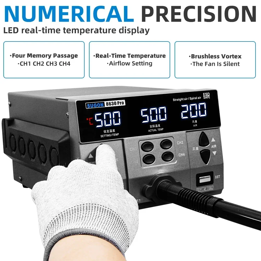2024 SUGON 8630Pro 1300W Hot Air Gun Digital Display BGA Rework Curved Nozzle Welding Repair Desoldering Station 2