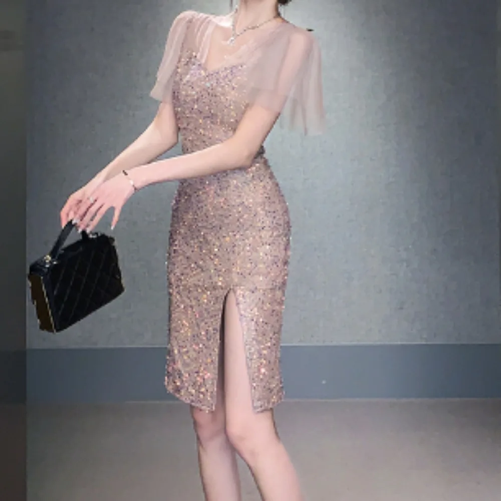 Women Chic Sequin Patchwork Slip Dress Sexy Backless Elegant Evening Party  Robe Women Vintage Slim Split Ceremonial Dress - AliExpress 200000345
