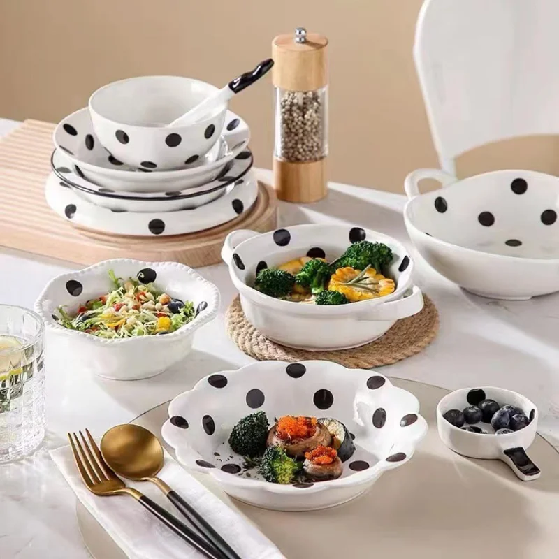 Ceramic Dinnerware Set Black And White Polka Dot Plates Save Big