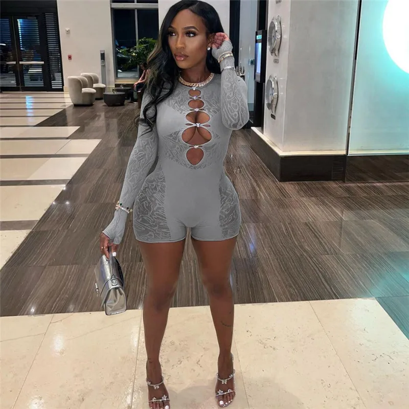 

2023 Summer Women's New Sexy Hollow Out Perspective High Waist Long Sleeve Tight Wrap Hip Yoga Jumpsuit for Women