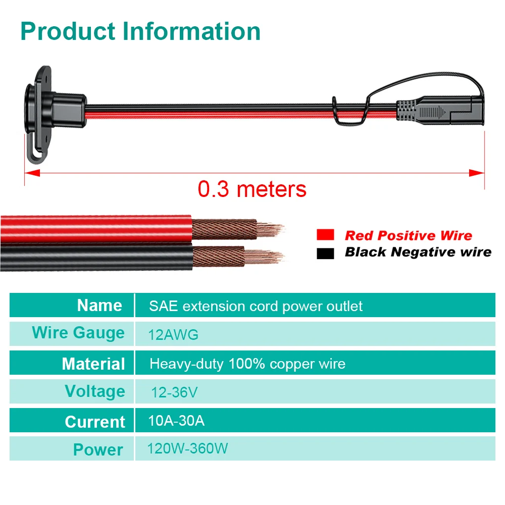 SAE Adapter Male Plug to Female Socket Cable 12AWG SAE Extension Cable 30cm Connector Harness