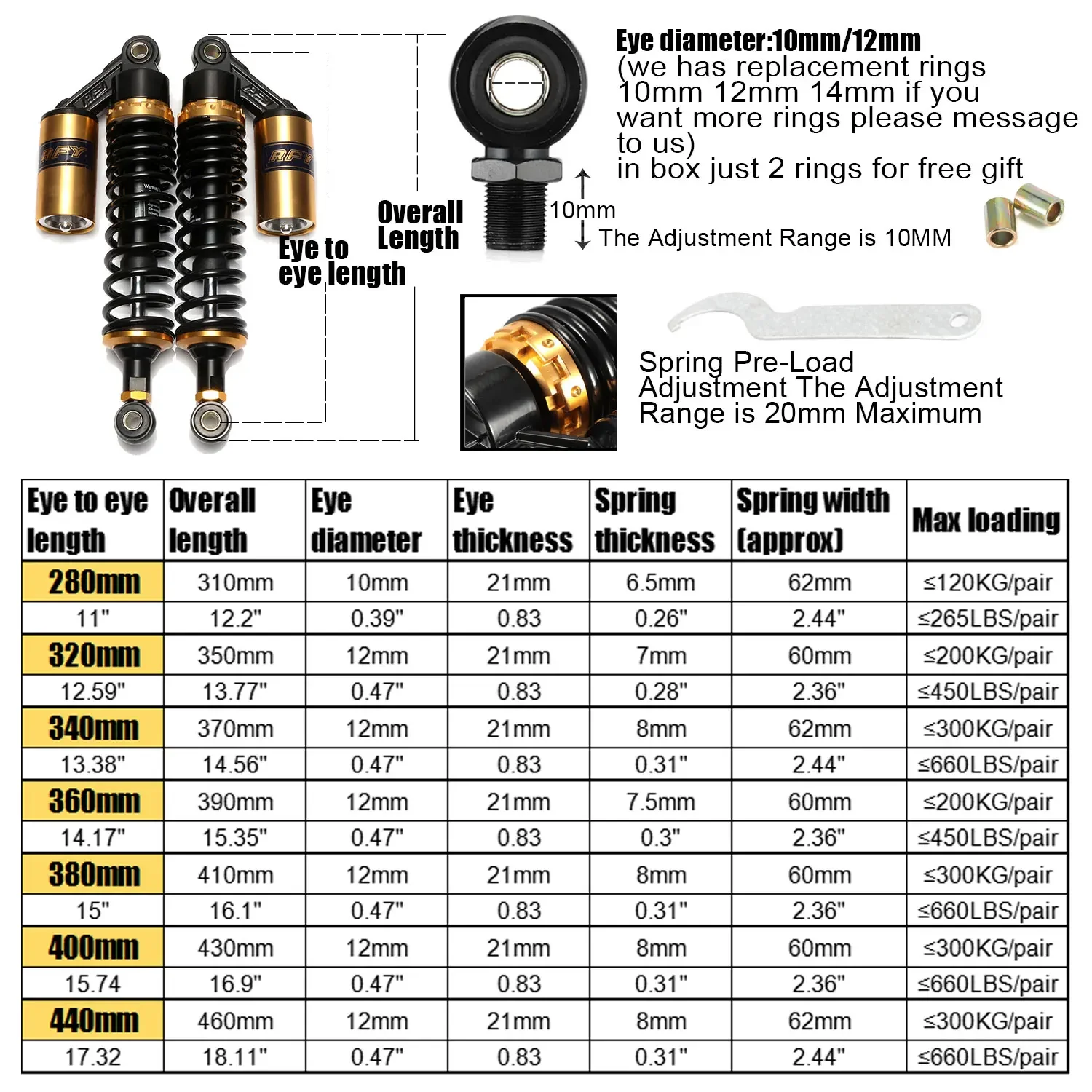 Motorcycle Shock Absorber 320mm Air Protection Falling Spring Suspension Motor Dirt Bike Scooter Quad ATV VVT Shocks Absorbers