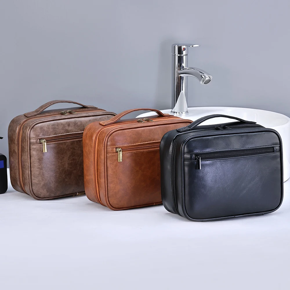 Zipper PU Leather Men Business Portable Storage Bag Toiletries Organizer Women Travel Cosmetic Bag Hanging Waterproof Wash Pouch 6