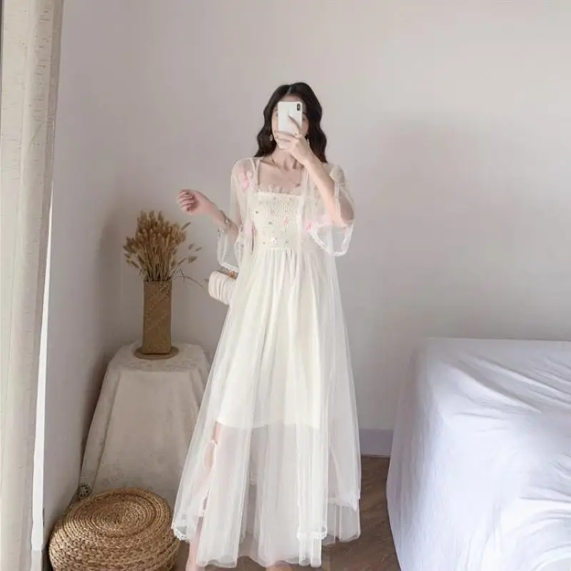 상큼하고 달콤한 메쉬 서스펜더 원피스 요정 자외선 차단 가디건 투피스 세트, 벨 슬리브 패션, 용수철 여름 신상