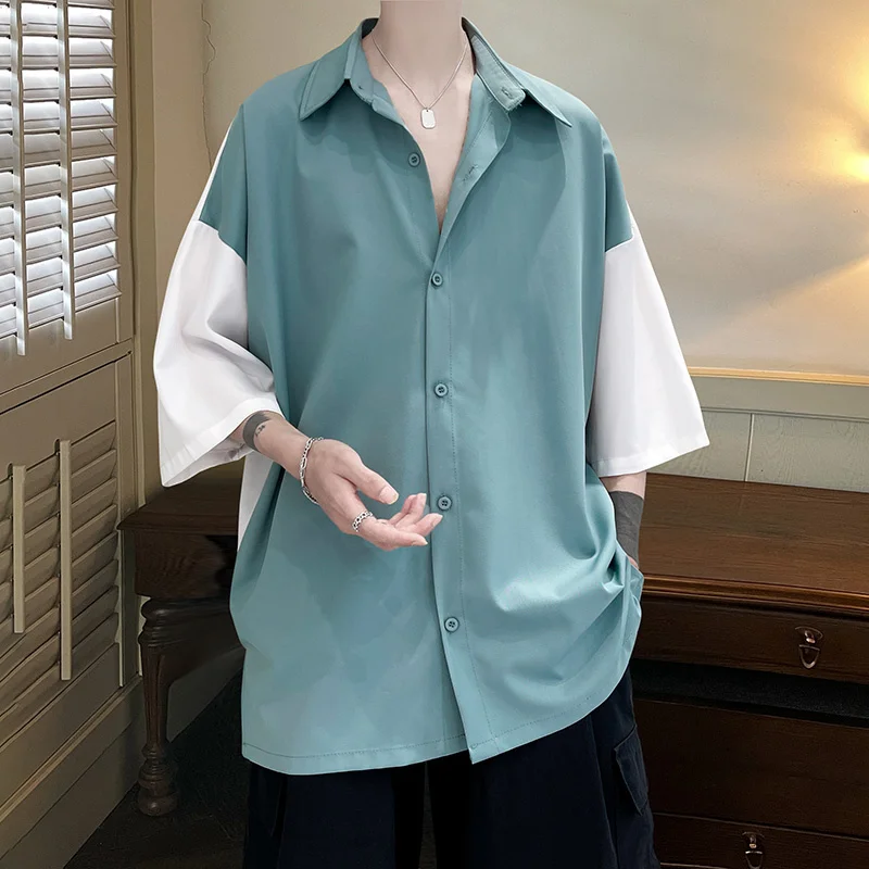 Summer Short Sleeve Shirt Men Fashion Oversized Ice Silk Shirt Men