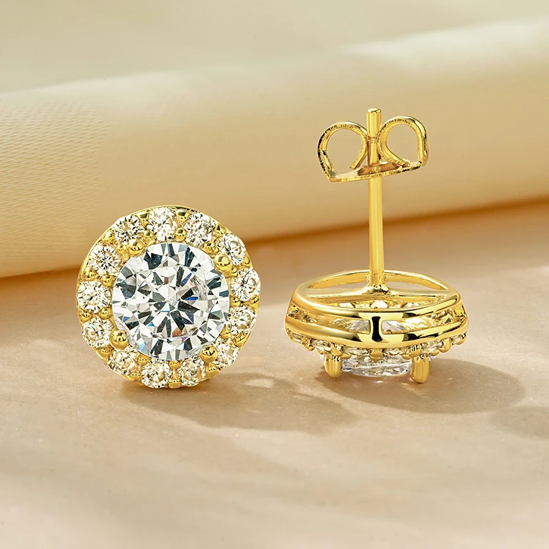 Rrjzz 1CT Ohrstecker für Damen, S925-Sterlingsilber, vergoldet, CZ, simulierter Diamant-Ohrring, Halo-Ohrstecker, Hochzeit, edler Schmuck – Detail 6