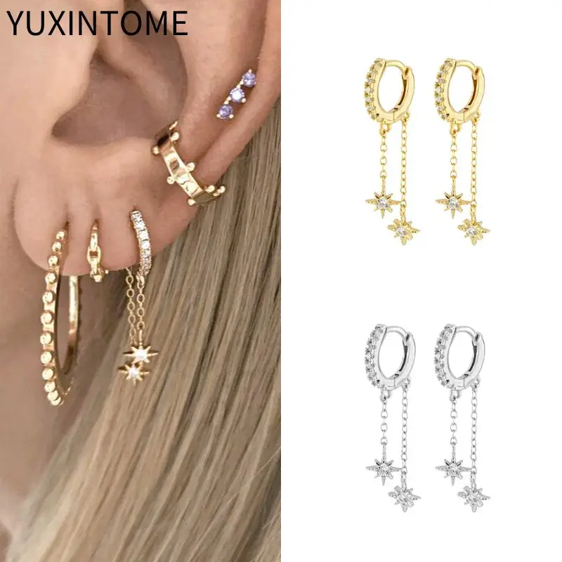 

925 Sterling Silver Needle Long Chain Tassel Hoop Earrings For Women Star Crystal Chain Pendant Earring Luxury Jewelry Gifts