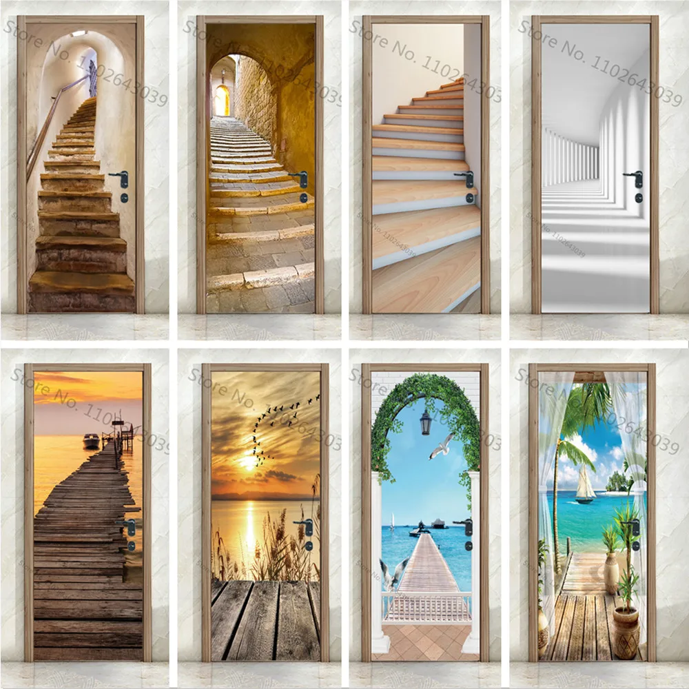 Custom Size 3D Staircase Steps Door Stickers Self Adhesive Waterproof Modern Scenery Home Room Door Wrap Mural Cover Wallpaper