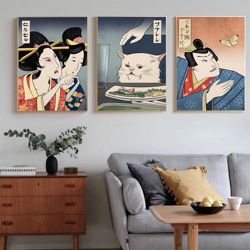 Японские принты самурая Гейша и кошка картины настенное искусство модульный