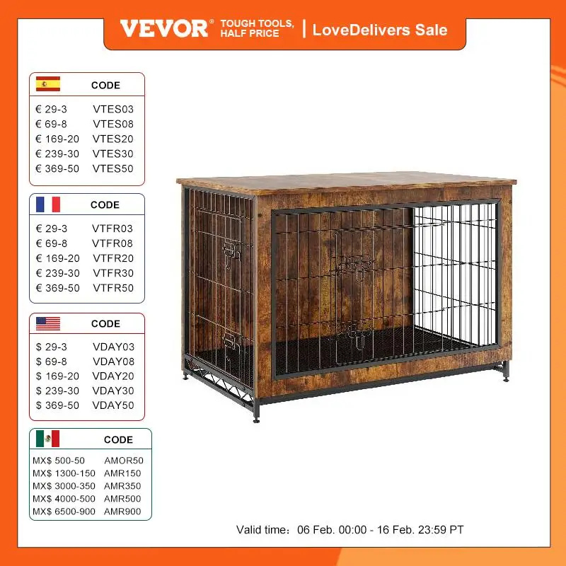 VEVOR Heavy-Duty Wooden Dog Crate End Table Furniture Kennel with Double Doors Multi-Purpose Removable Tray for Dogs Indoor