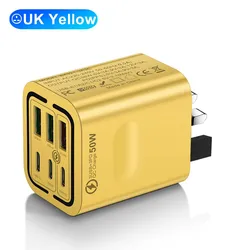 PowerPro 100W Multi - Port Fast Charger with EU/US/UK Plug Options - UK Plug Yellow