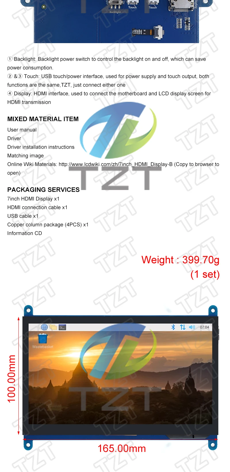 TZT 7-Zoll-LCD-Display, HDMI-kompatibler Touchscreen, 800 x 480 Auflösung, kapazitive Touchscreen-Unterstützungssysteme für Raspberry Pi – Detail 5