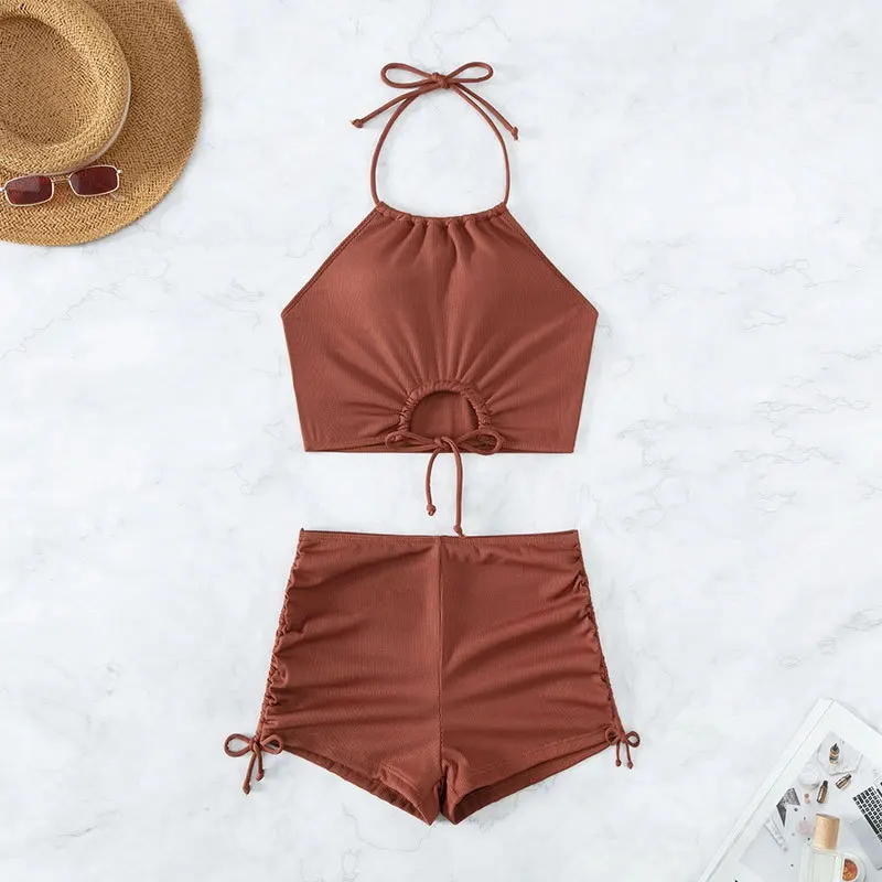 

New Solid Color Sling Split Exposed Navel And Back tie Boxer Swimsuit Sports Beach Bikini Quick Dried Swimsuit
