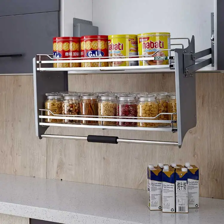 Kitchen Storage Lift Up System Plate Rack Stainless Steel Dish Rack Basket Elevator Organizer Basket