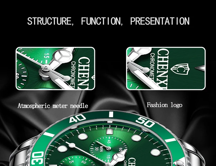 CHENXI Men's Luminous Waterproof Multi-function Watch Stainless Steel Strap Chronograph Calendar Casual Daily Wristwatch