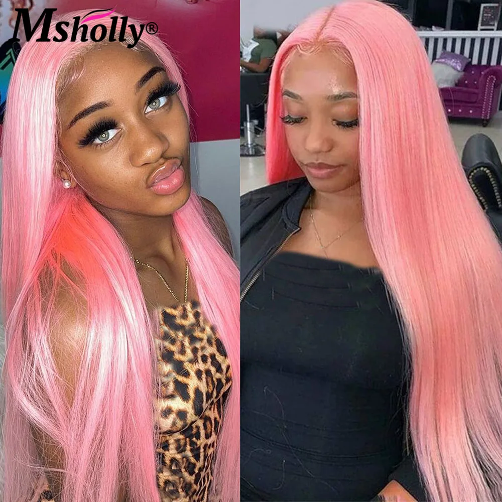 핑크 여성용 긴 스트레이트 레이스 정면 가발, Hd 브라질 미리 뽑은 투명 레미 헤어, 613 색, 13x4 