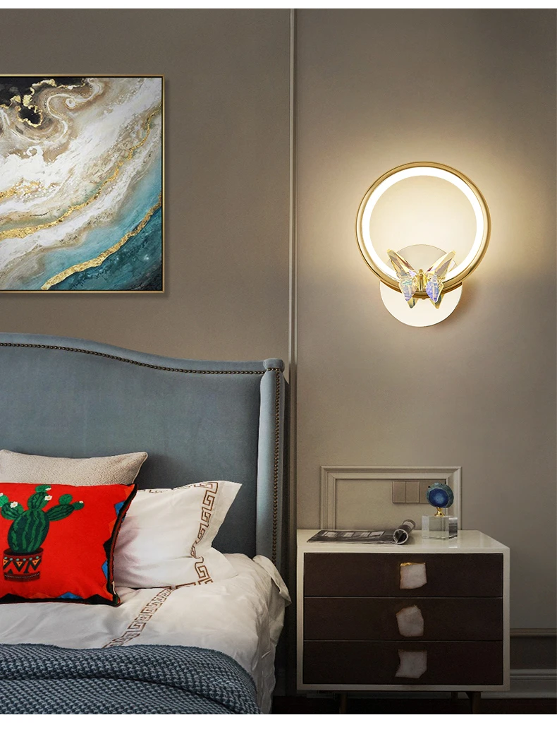 Crystal Butterfly LED Wall Lamp Bedroom Bedside Tv Background Modern Sconces Gold Metal Unique Lighting Surface Mount decorative wall lights