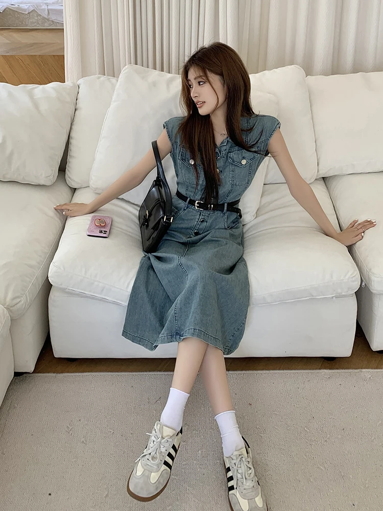 thumbnail image 2 of Sexyshine Women's Button Down Denim Dress Summer Casual Sleeveless Lapel Collar Midi Tunic Jean Dress With Pockets(27692BE,S) Blue At Women's Clothing Store 2 of 14