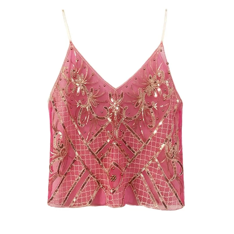 Trendy Sequins Beads Flower Pattern Vests Women's Sleeveless Open Back V Neck Camisoles See-Through Chic Summer Camis