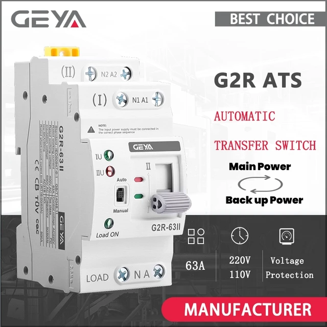 GEYA G2R ATS Mini สวิทช์โอนอัตโนมัติ 220V Din Rail Dual Power ไฟฟ้าตัวเลือกสวิทช์อย่างต่อเนื่อง Power 63A 110V 1