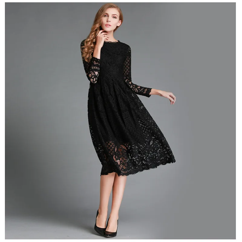 

New Arrival Hot Sale 2023 New Autumn Women's White Dress Round Neck Lace Long Sleeve Slim Fit Mid length Dress