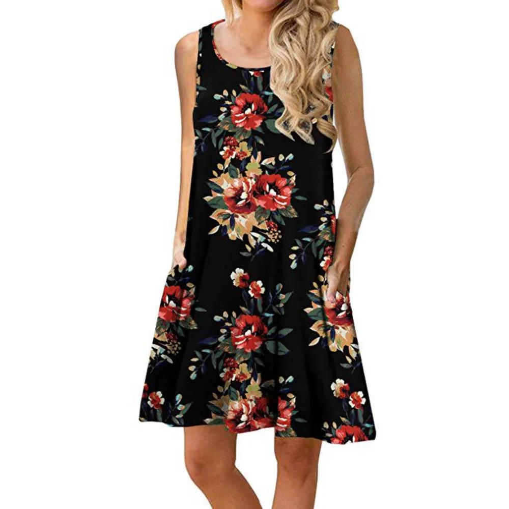 

Summer Dress Women 2023 Printed Sleeveless Dress Round Neck Pocket Vest Beach Skirt Comfortable Casual Women's Dress Mini Dress