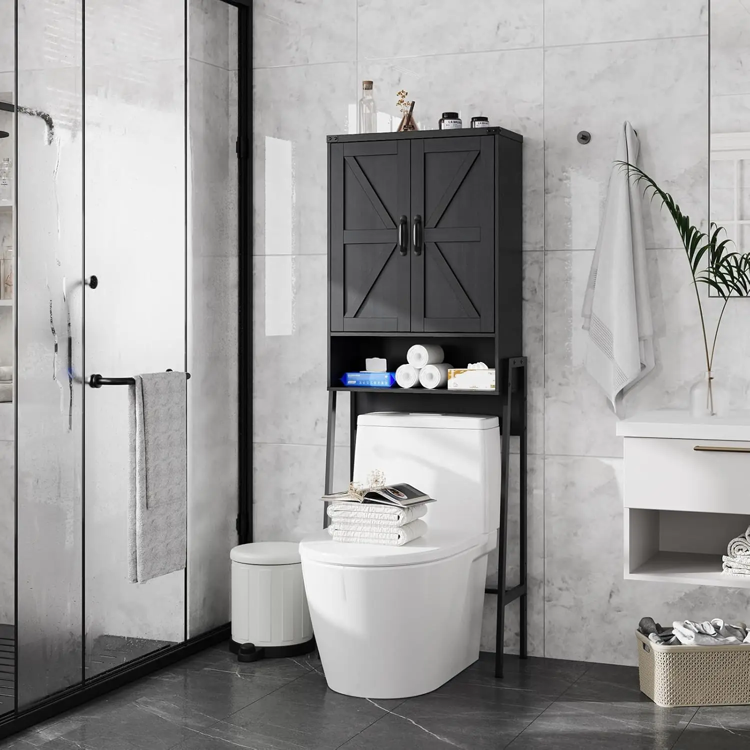 2-Door Over Toilet Storage Cabinet with Anti-Tip Device, Bathroom Organizer Shelves in Black
