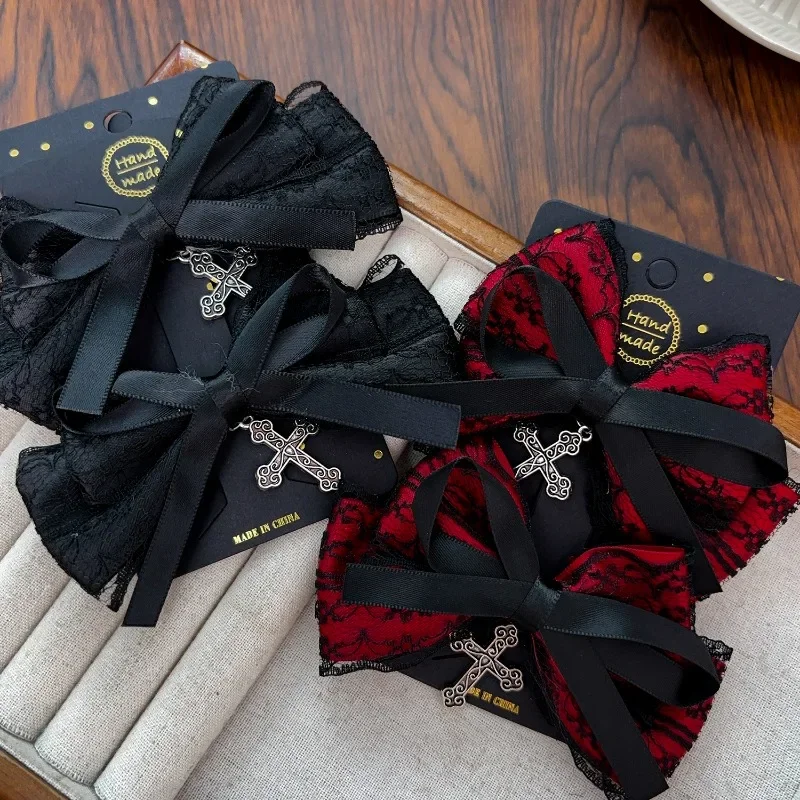 Y2k Gothic Cross Pendant Lace Bow Hair Clips for Woman Girls Dark Sweet Cool Personalized Hairpins Lolita Girl Hair Accessoires