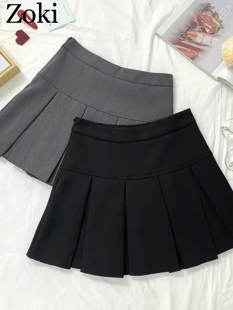 ZOKI Vintage Gray Pleated Skirt Women Kawaii High Waist Mini Skirts Korean Fashion School Uniform Harajuku Streetwear Spring