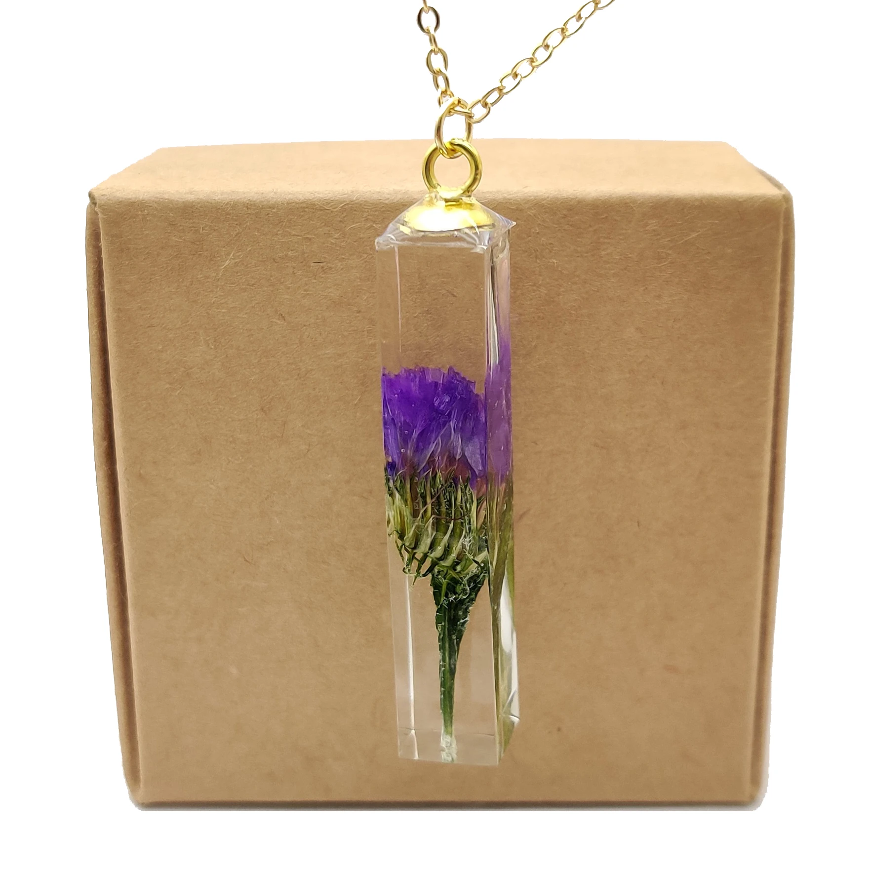 Purple Forgetmenot Statice Transparent Cube Resin Gold Color Pendant Chain Long Necklace Women Boho Fashion Jewelry Handmade cube 15mm 20mm 25mm natural wood loose woodcraft beads for handcraft diy jewelry making