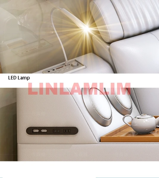 Genuine Leather Bed Multifunctional Tech Smart Beds Ultimate Camas Upholstered Bed with Bluetooth,Speaker,LED Lamp,Minikeeper