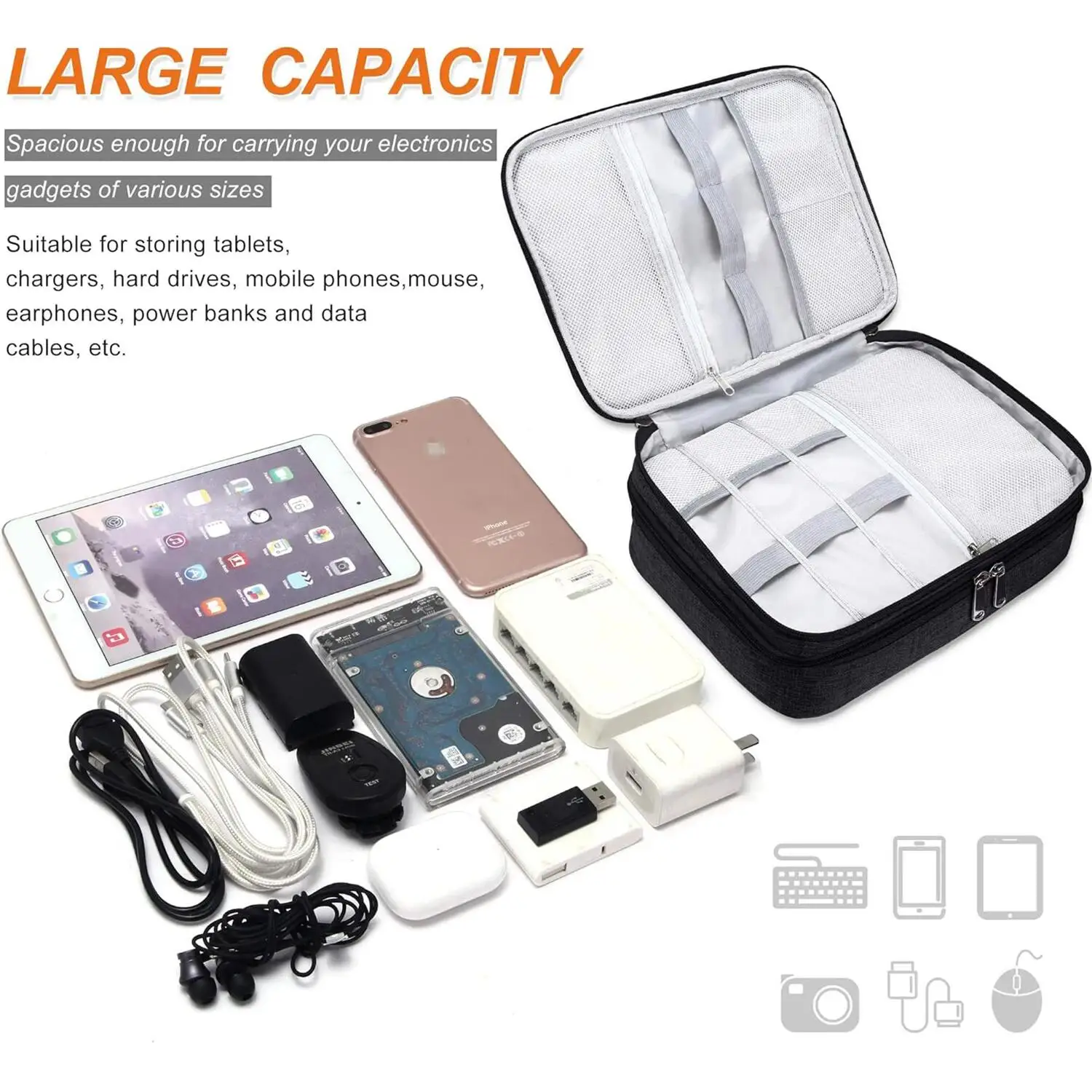 Fashion Canvas Electronic Organizer Bag Double Layer With Dual Zippers Portable Travel Data Cable Storage Case for Power Banks data cable storage bag