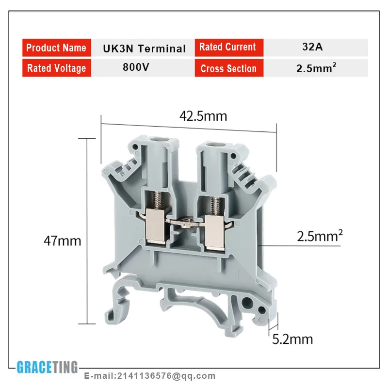 Description Picture 4 of item1 Box UK2.5B/3N/5N/6N/10N Terminal Block Screw Clamp Connector DIN Rail Universal Brass Wiring Voltage Terminal