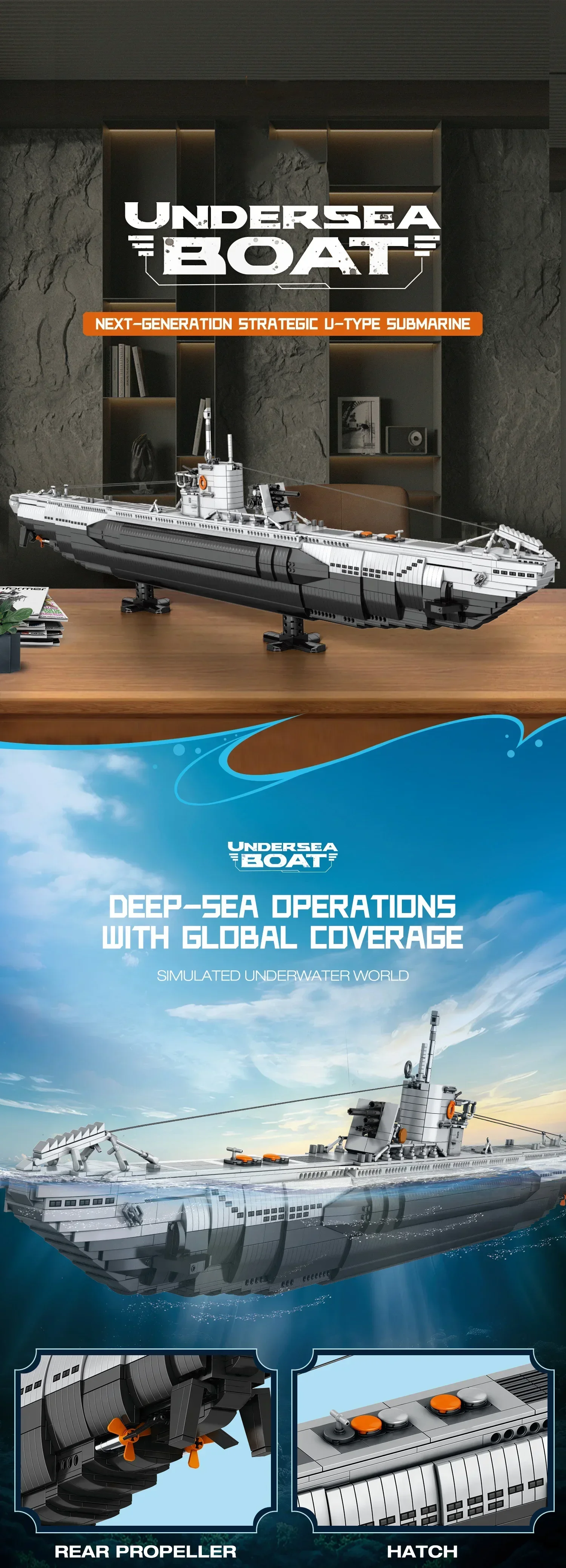 3987PCS U Shaped Submarine Building Blocks Undersea Ship Model Bricks With Base Bracket Desktop Deco Kids DIY Toys Holiday Gifts