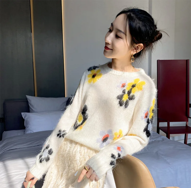 long black cardigan Runway Women Short Sweater Dress 2022 Fashion Thin Round Neck Floral Fluffy Knitted Mohair Ladies Jumper Autumn Winter Tops long sweater