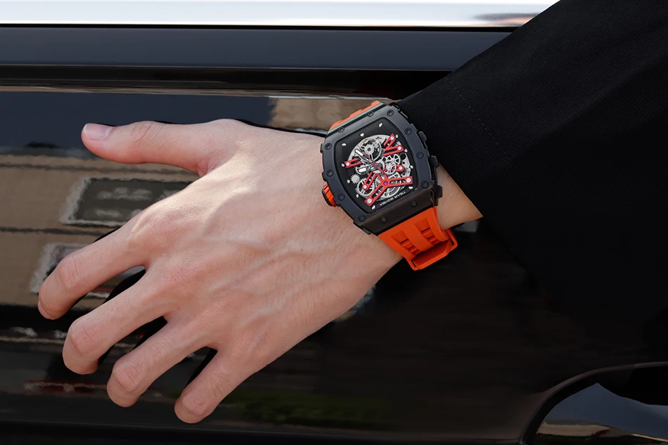 TSAR BOMBA Watch for Man Luxury Carbon Firber Bezel Automatical Mechanical Wristwatch 50M Waterproof Tonneau Watch Montre Homme