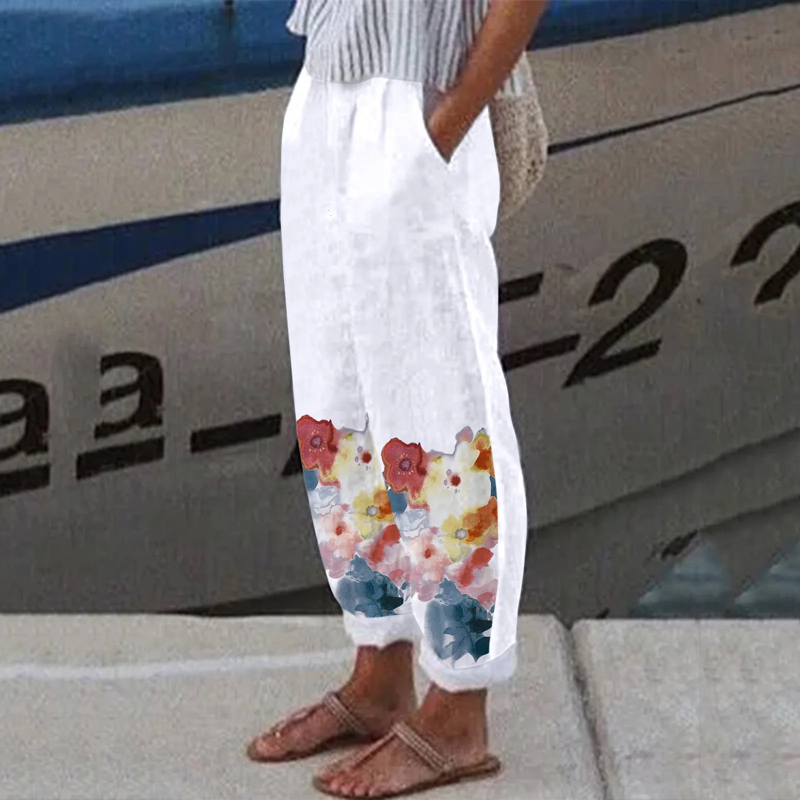 

Women Cotton Linen Pants Elastic Bohemian Print High Waist Pockets Long Trousers Loose Long Trousers Vintage Boho Beach Pants