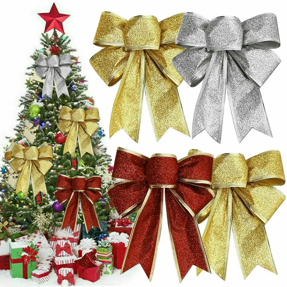 

10PCS Glitter Christmas Bows Xmas Tree Ornaments Bowknot New Year Christmas Holiday Home Party Decor Gifts Ribbon Bows Crafts