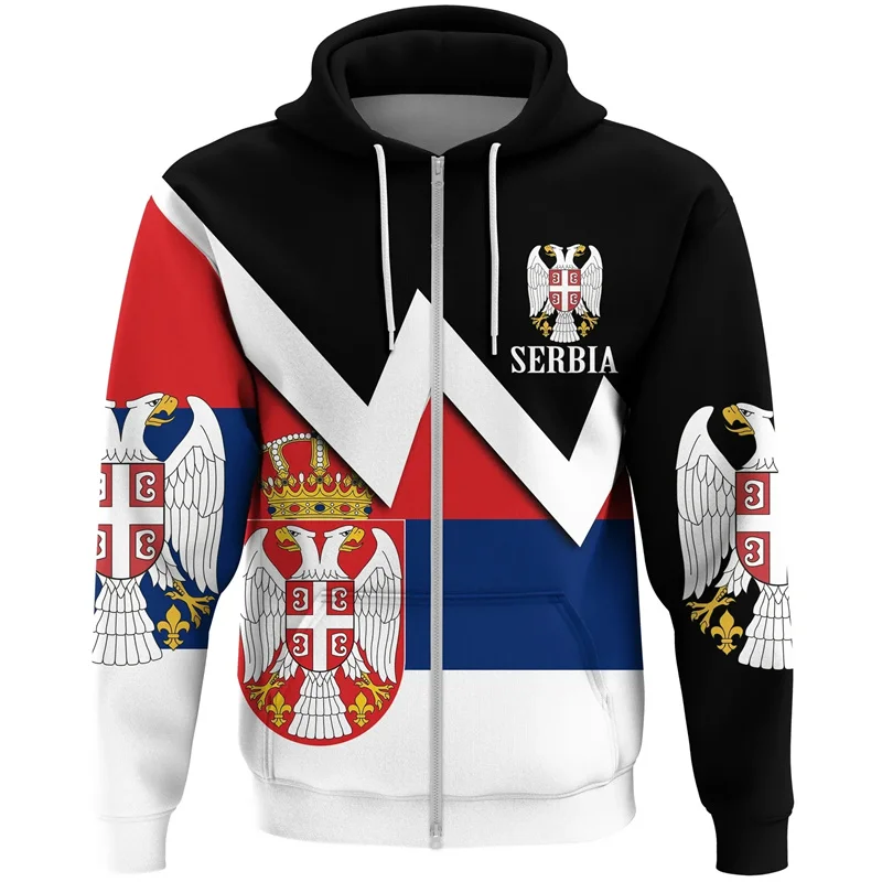 thumbnail image 1 of Sudadera con cremallera y estampado 3D de la bandera de Serbia para hombre, sudadera con estampado del emblema nacional de Serbia, sudaderas casuales de moda para la calle, sudaderas con capucha, 1 of 4